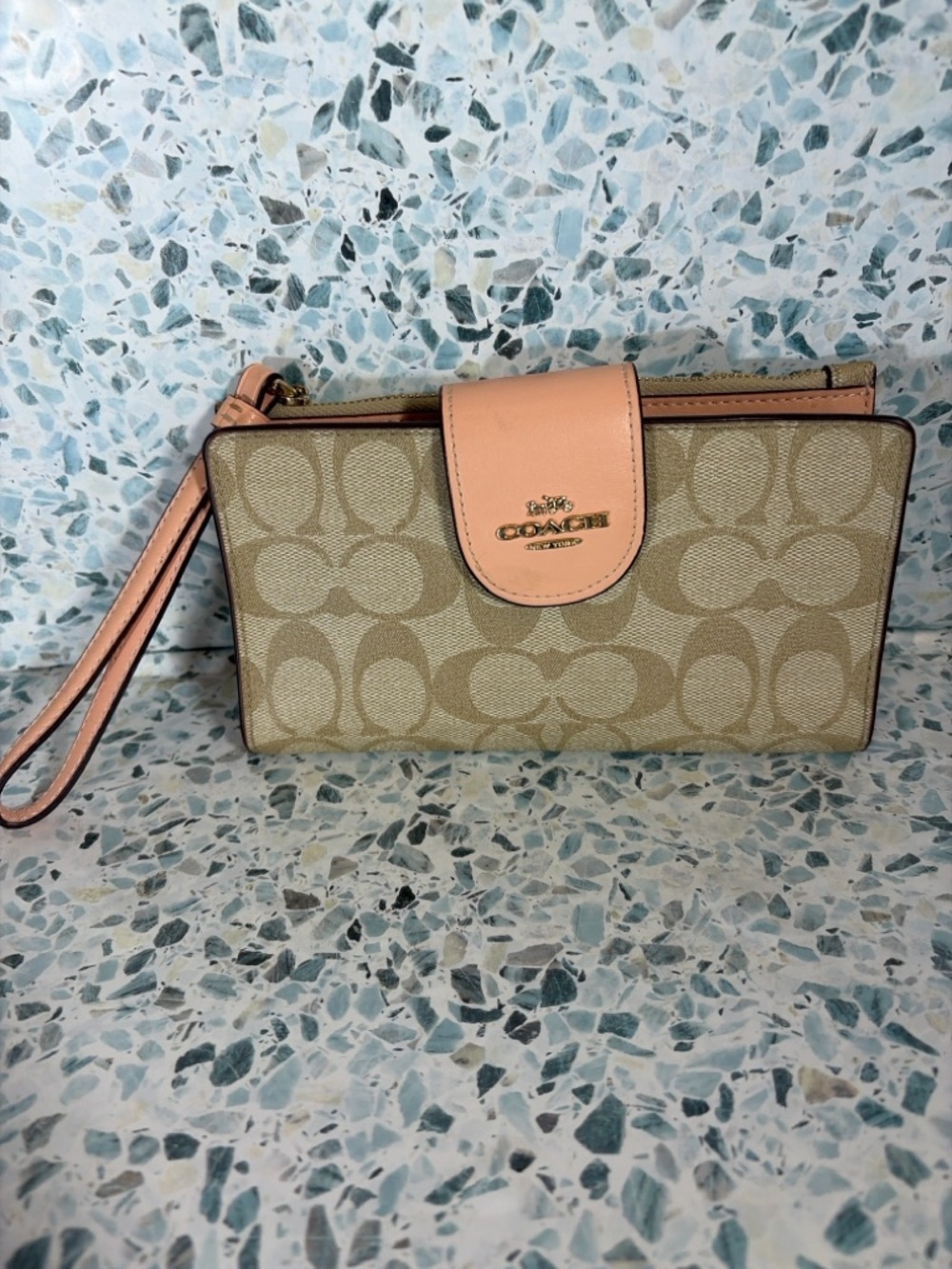 Coach Signature Canvas Wristlet in Tan with Pink Trim